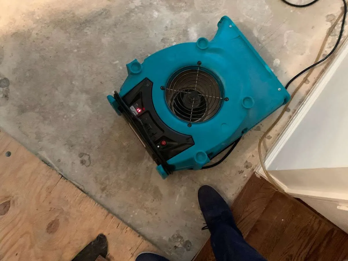 Air mover drying subfloor during Commercial Water Damage Restoration in Lake Alfred